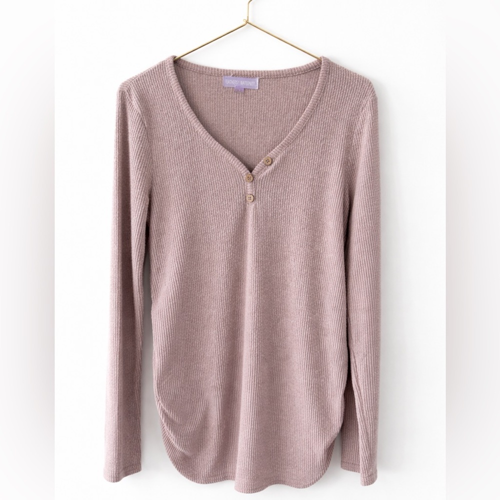 Feathers Maternity Ribbed Henley Top Small Beige Long Sleeve Pregnancy Shirt